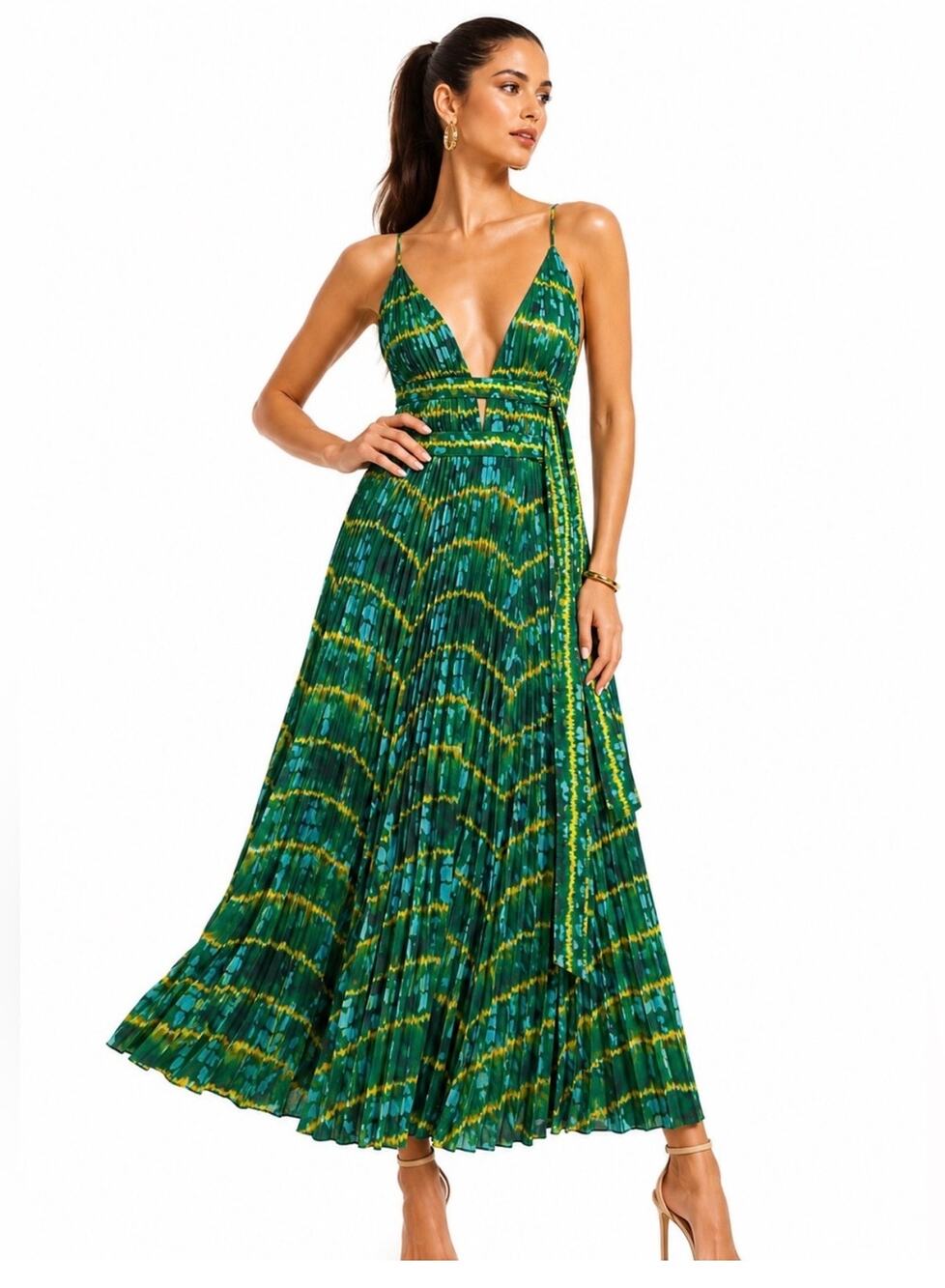 Altuzarra Winda Green Tie Dye Print Sleeveless Buckle V-Neck Midi Dress Size 8